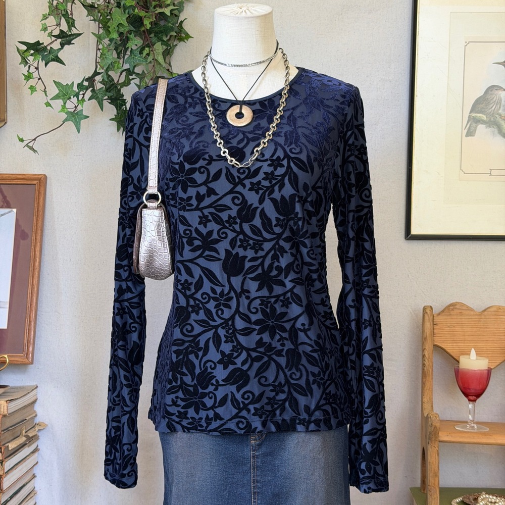 Navy Floral Velvet Burnout Top Long Sleeve Whimsygoth Dark Romantic S 90s VTG